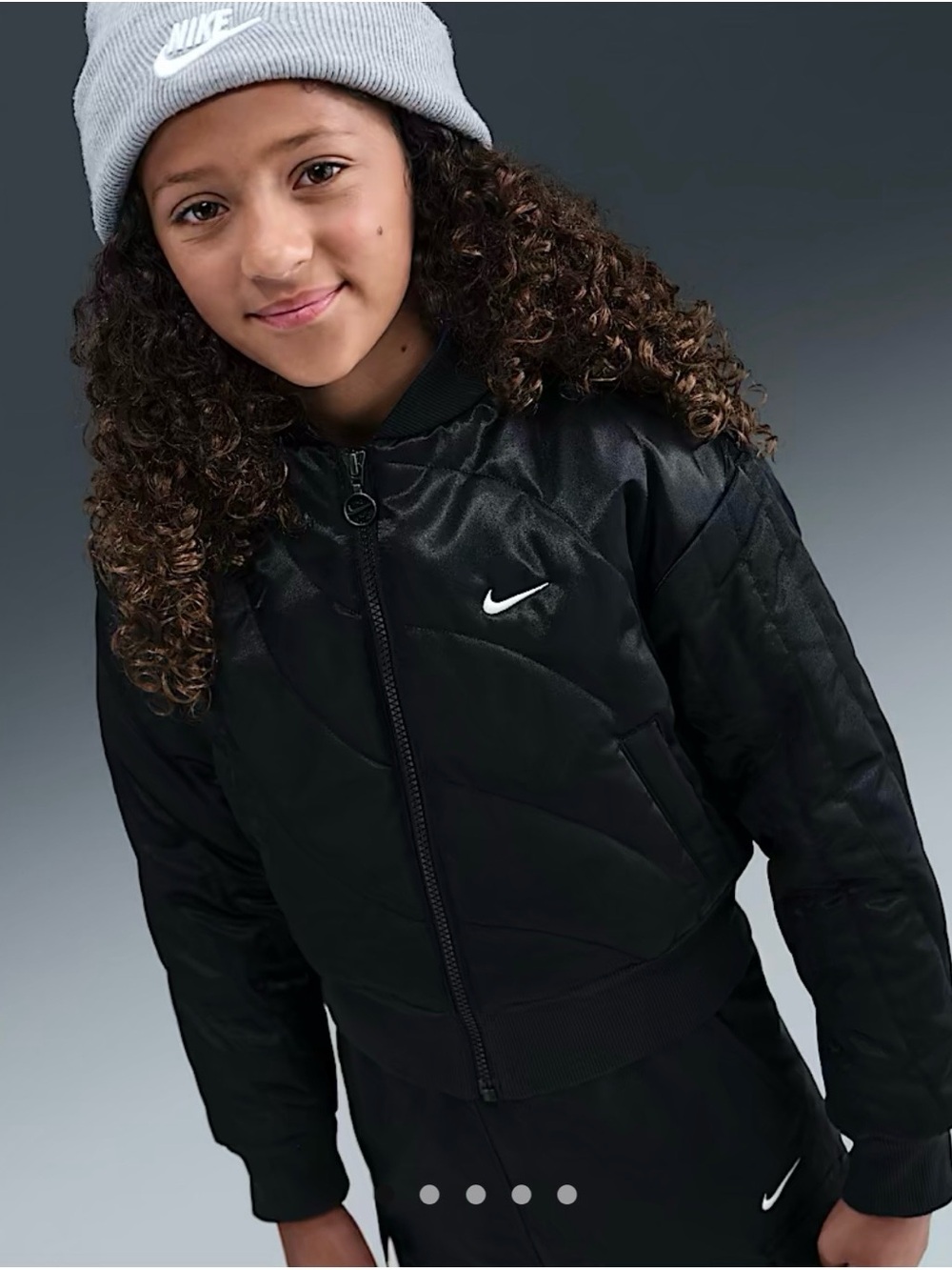 Nike Girls Black Satin Quilted lightweight Jacket with White Swoosh- Med 10/12